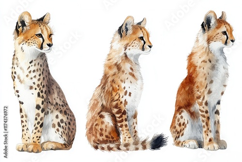 Three artistic representations of cheetahs, showcasing different fur patterns and colors. photo