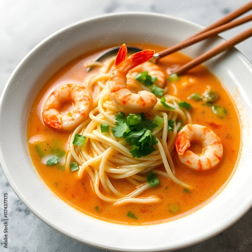 A Plate Of Malaysian Laksa With Noodles, Shrimp, And A Spicy Coconut Broth, Restaurant Menu Image A Plate Of Malaysian Laksa With Noodles, Shrimp, And A Spicy Coconut Broth, Restaurant Menu Image
