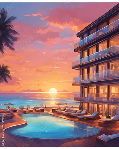 , beachfront sunset, tropical sunset, ocean sunset, sunset resort, sunset villa, beach sunset, sunset getaway, sunset beach resort, serene sunset, luxury sunset villa, golden hour, sunset escape, seas