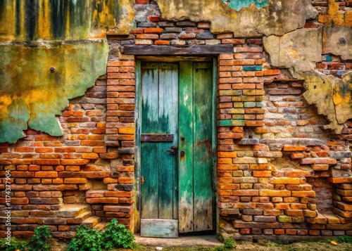 Vintage Brick Wall Wooden Door Decayed Texture