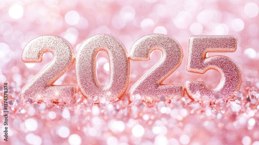 Fototapeta premium Rose gold 2025 on sparkly pink background.
