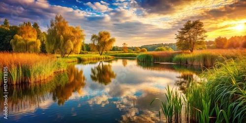 Vintage Countryside Pond Panorama - Rustic Landscape Photography