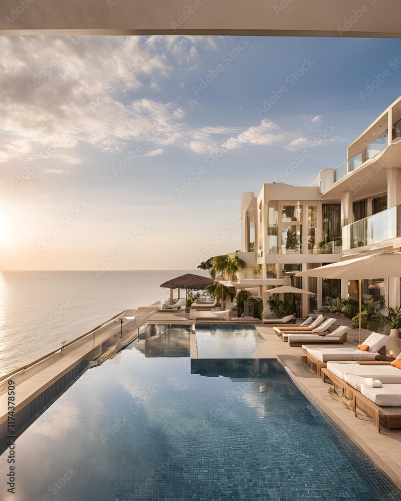 Fototapeta premium luxury beach resort, ocean view villa, beachfront property, private beach, exotic resort, tropical paradise, luxury hotel, scenic beach, villa with pool, waterfront villa, sun-soaked resort, tropical 