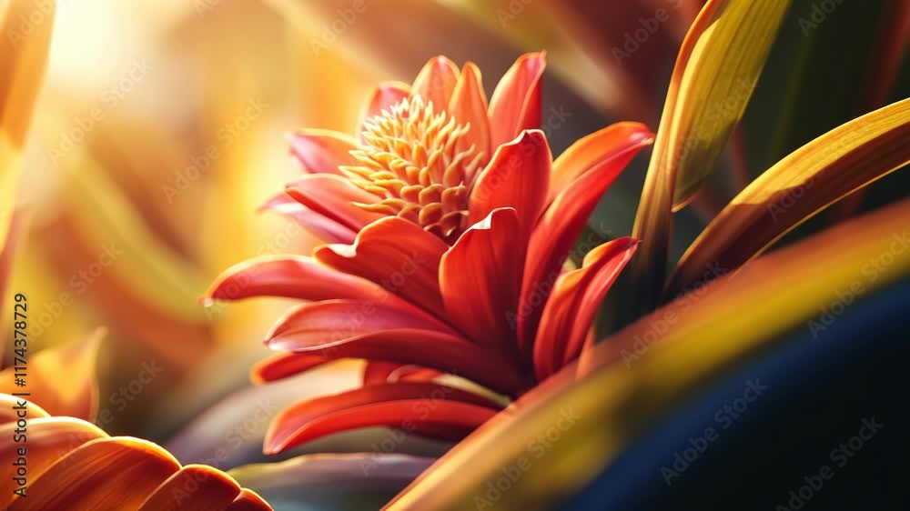 Vibrant red flower blooming amid tropical foliage in a sunlit garden in the early morning