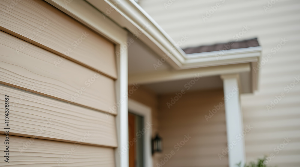 Fototapeta premium House Exterior Detail: Beige Vinyl Siding, White Gutters and Trim