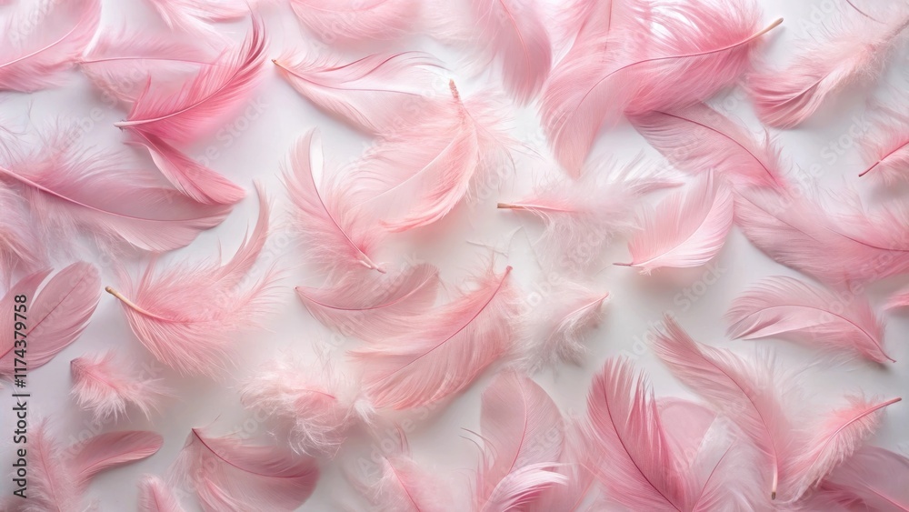 Fototapeta premium Soft pink feathers scattered on a white background, showing delicate patterns and textures, wildlife photography, pink flamingo feathers