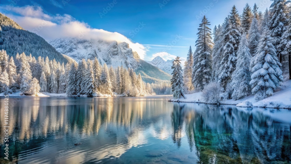 Fototapeta premium Frozen forest landscape with snow-covered trees at Herbst am Gebirgssee, alpine, peaceful, alpine, peaceful,autumn, forest