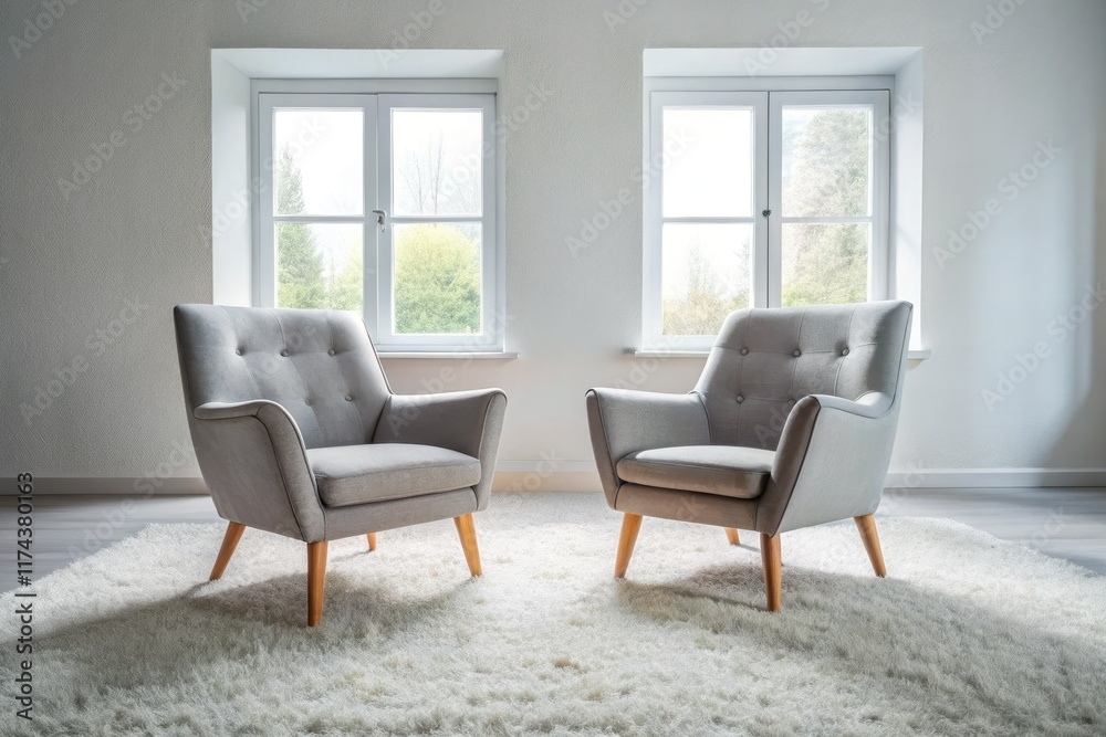 Fototapeta premium Cozy Grey Armchairs Panoramic White Room Interior Design Photography