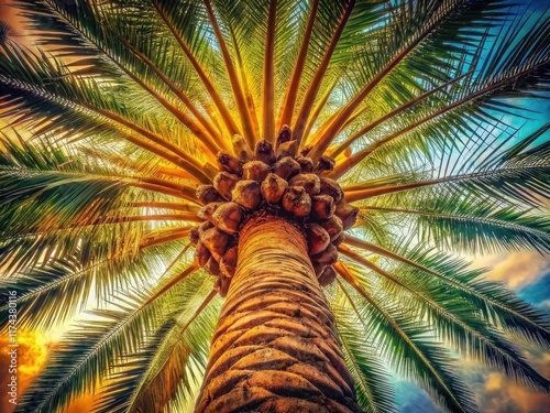 Vintage Socratea Exorrhiza Palm Tree, Tropical Botanical Art, Retro Photography photo