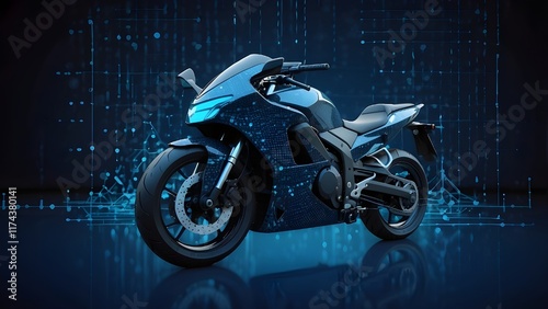 Digital Motorcycle on Blue Technology Background. Two Wheeler Symbol in Lines, Dots, Triangles.