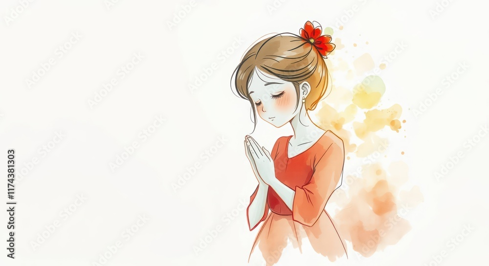 Cute girl praying with both hands wishing and giving thanks to God, sketch illustration drawn in pencil Cute girl praying with both hands wishing and giving thanks to God, sketch illustration drawn in pencil