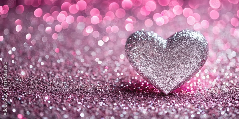 Obraz premium Sparkling silver glitter on a pink background with a heart shape, creating a luxurious and elegant atmosphere