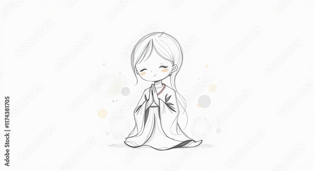 Cute girl praying with both hands wishing and giving thanks to God, sketch illustration drawn in pencil Cute girl praying with both hands wishing and giving thanks to God, sketch illustration drawn in pencil