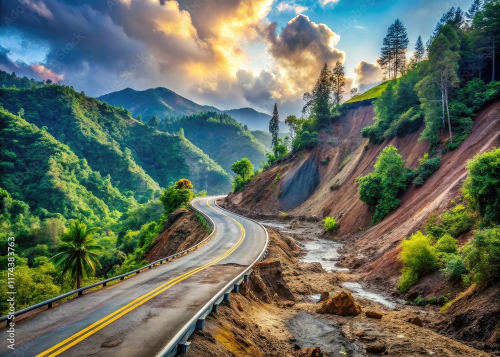 Naklejka premium Winding Road Blocked by Landslide Debris - Nature Disaster