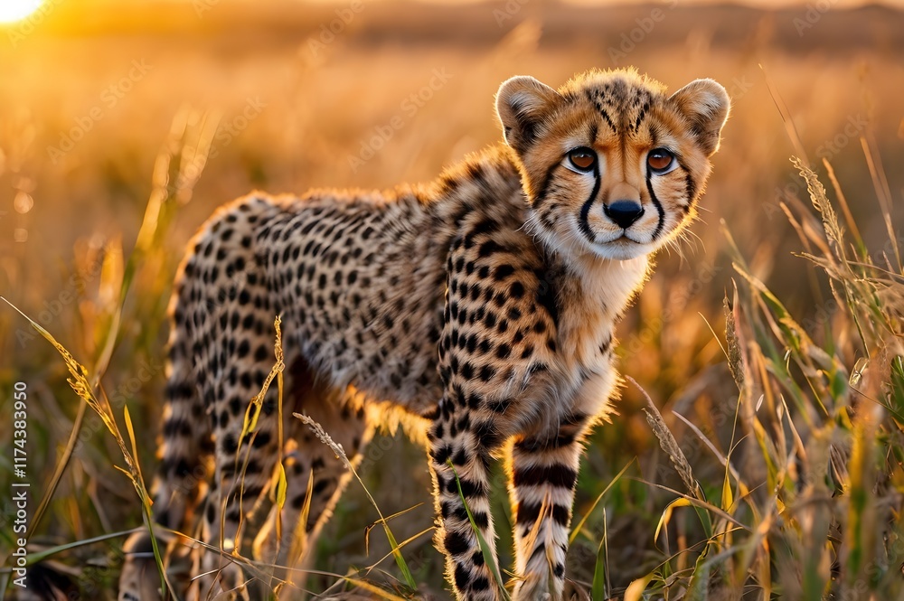A baby cheetah hiding playfully behind tall grass A baby cheetah hiding playfully behind tall grass