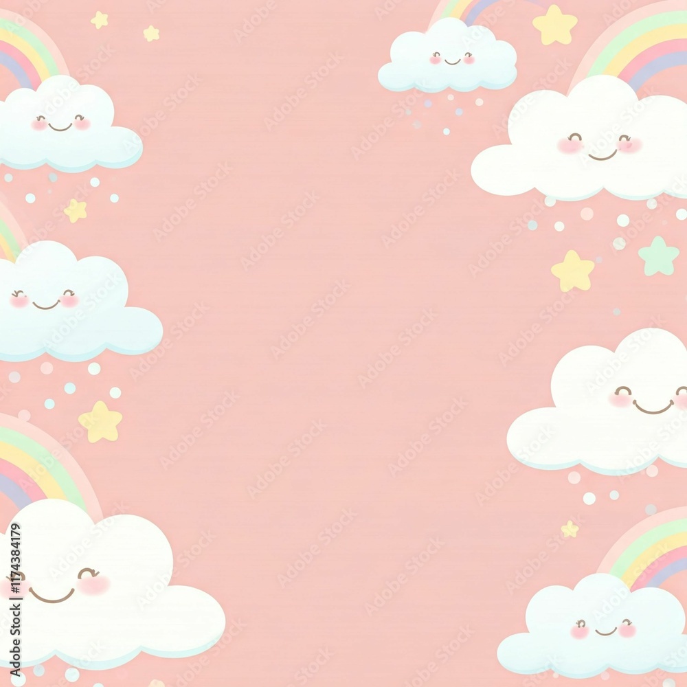 A kawaii background featuring smiling clouds, pastel rainbows, and twinkling stars on a soft pink backdrop. A kawaii background featuring smiling clouds, pastel rainbows, and twinkling stars on a soft pink backdrop.