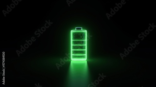 Green Neon Battery Icon on Dark Background with Glowing Effect