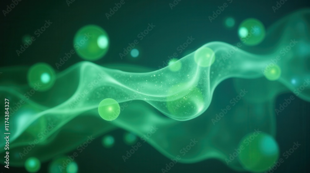 Obraz premium Abstract Green Waves with Glowing Spheres on Dark Background