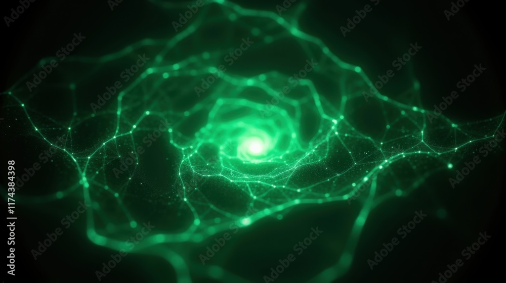 Obraz premium Green Abstract Digital Swirl Illustration with Light Nodes and Depth