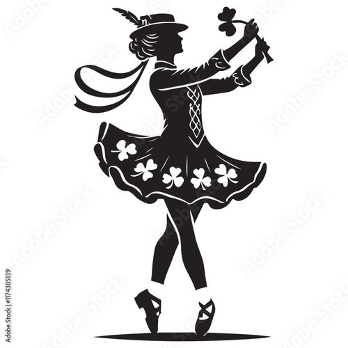 Irish Dance Silhouette Vector Illustration, Solid White Background.