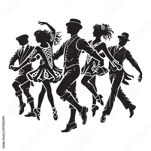 Irish Dance Silhouette Vector Illustration, Solid White Background.
