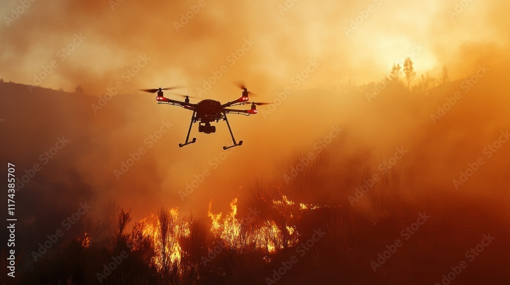 Drones equipped with infrared sensors and chemical spray systems operate in dense smoke, combating an active wildfire.