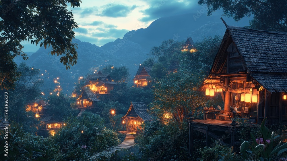 Obraz premium Evening scene in a small Thai village, with traditional wooden houses, lanterns glowing softly, and a distant view of the mountains.