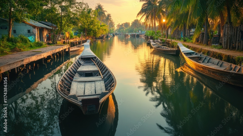 Evening scene of a narrow canal in rural Thailand, lined with palm trees and wooden boats gently floating on the still water Evening scene of a narrow canal in rural Thailand, lined with palm trees and wooden boats gently floating on the still water