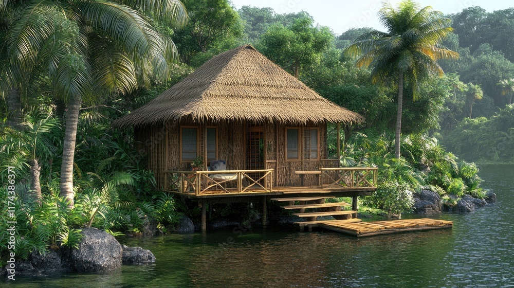 Tranquil bamboo hut by a serene lake surrounded by lush greenery Tranquil bamboo hut by a serene lake surrounded by lush greenery