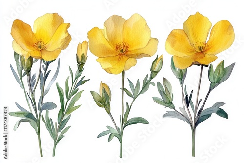 Wallpaper Mural Three watercolor illustrations of yellow flowers with green leaves. Torontodigital.ca