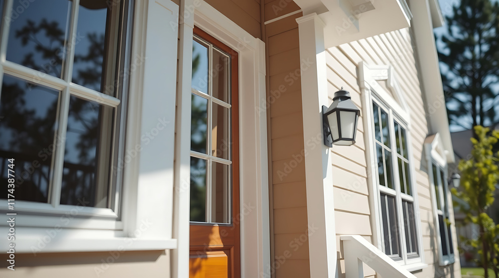 Close-up view of a light beige house exterior. Features a white-framed window, a wood door with glass panes, and a white exterior light fixture. Part of a second window is visible. Close-up view of a light beige house exterior. Features a white-framed window, a wood door with glass panes, and a white exterior light fixture. Part of a second window is visible.