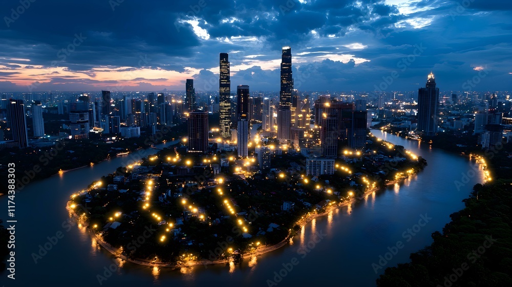 Obraz premium Nighttime Cityscape Overlooking Urban Skyline with River and Lights