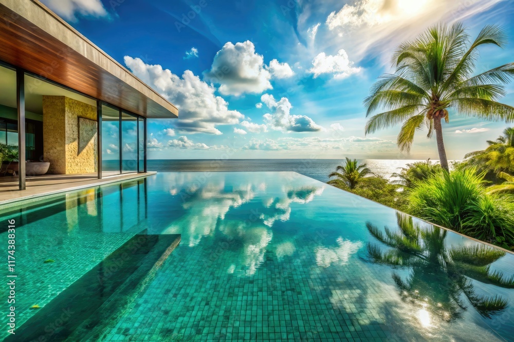 Fototapeta premium Luxury Infinity Pool Oceanfront Villa Modern Architecture Tropical Paradise