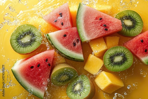Fresh fruit splashes in vibrant water background