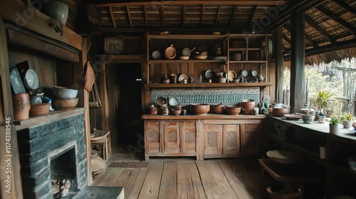 cozy traditional wooden house kitchen