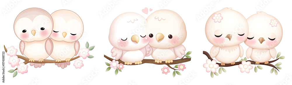 Fototapeta premium Cute, pastel-colored birds snuggle together on branches adorned with flowers, expressing affection and companionship.