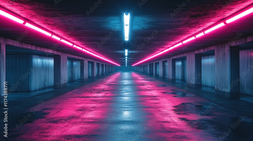 Fototapeta premium Neon-lit underground corridor with reflective surfaces