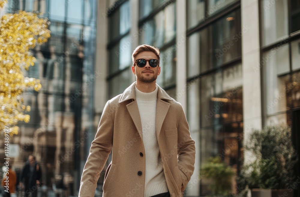 Stylish man walking confidently in urban setting Stylish man walking confidently in urban setting