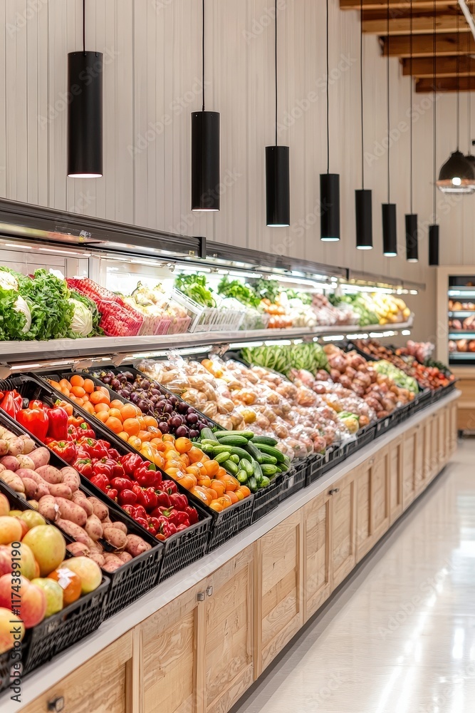 Obraz premium Brightly lit produce section with hanging price signs, neutral background