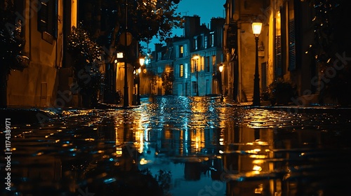 Fototapeta Naklejka Na Ścianę i Meble -  Night street scene with reflections in wet cobblestones.