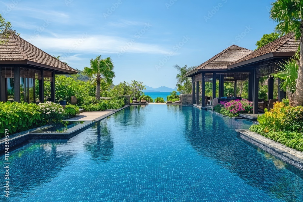 Serene tropical resort with stunning infinity pool view Serene tropical resort with stunning infinity pool view