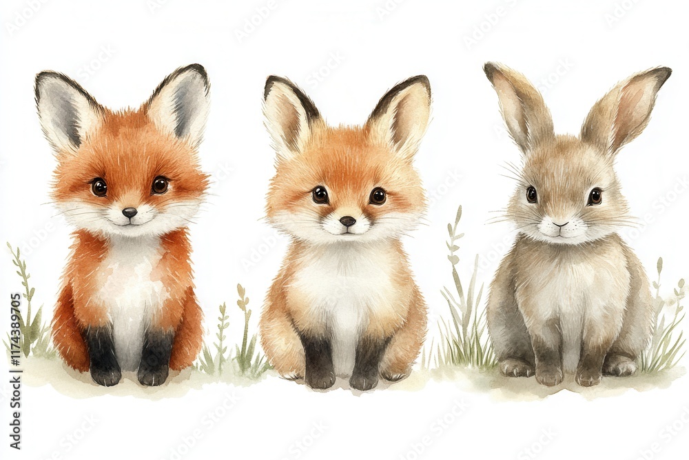 Obraz premium Three adorable animal illustrations featuring a fox and a rabbit, perfect for children's art.