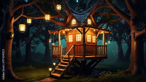 whimsical illustration of a treehouse with lanterns