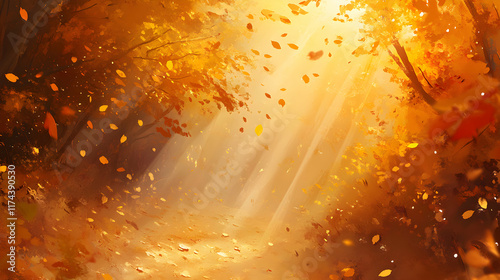 Golden Autumn Sunlight Path Through Falling Leaves Forest