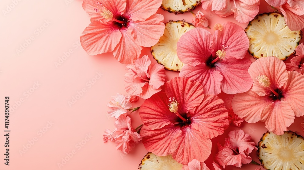Obraz premium Vibrant hibiscus flowers and pineapple slices on pink background