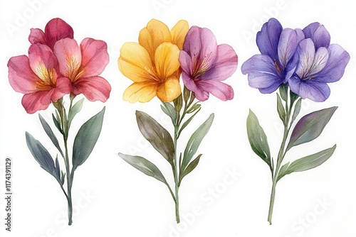 Three watercolor flowers in pink, yellow, and purple with green leaves.
