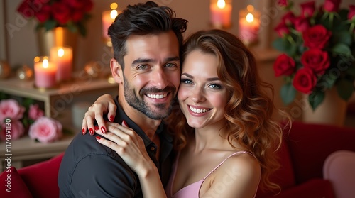 Happy Couple Close-Up, Romantic Valentine's Day Scene. Close-up of a smiling couple embracing, bathed in warm light from candles.