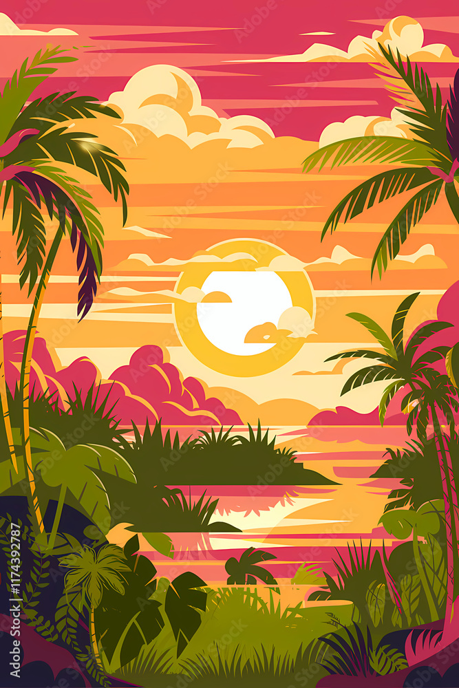 Obraz premium Vivid tropical palm trees on the beach. Picture postcard. Poster. Marketing. Social media.