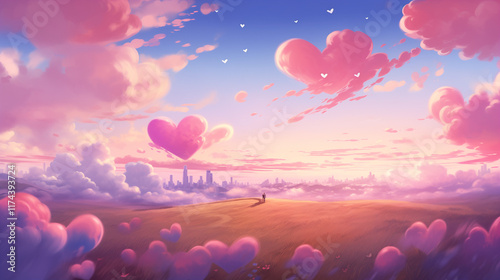 Heart-Shaped Pink Clouds at Sunset, Digital Art and Colorful Cartoon Style, Creating a Warm and Dreamy Atmosphere with High Resolution Sky.
