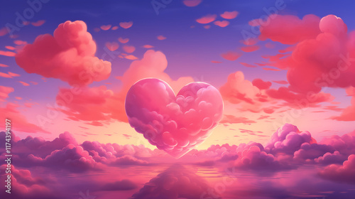 Heart-Shaped Pink Clouds at Sunset, Digital Art and Colorful Cartoon Style, Creating a Warm and Dreamy Atmosphere with High Resolution Sky.